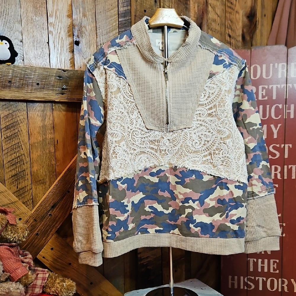 214 POL Lace Detail Camouflage Top Lightweight Denim